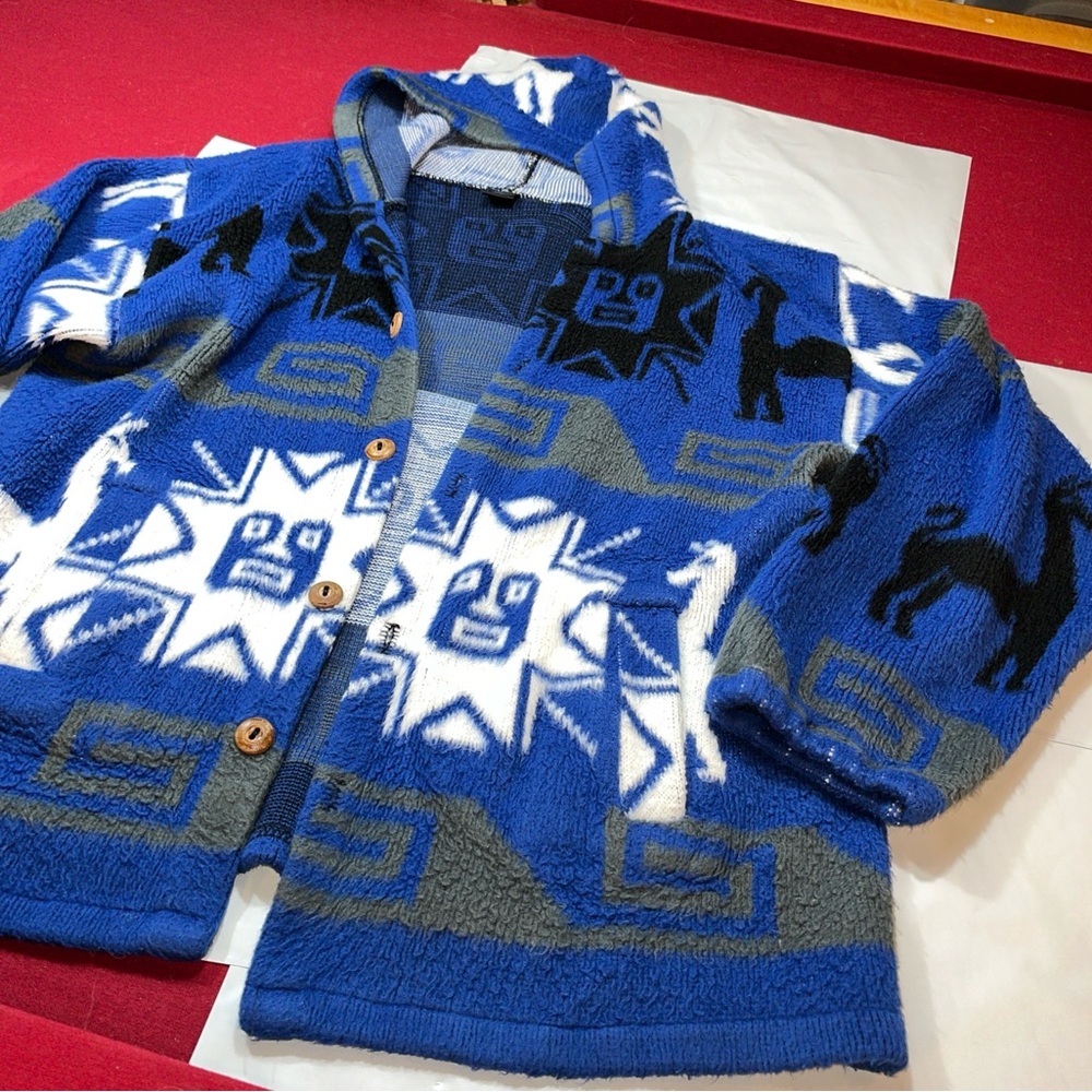 JMC Llama SUN burst BLUE black WOOL JACKET HOODED Hand KNIT button up ECUADOR xl